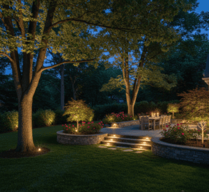 Moonlighting and garden accent lighting on a North Jersey home in Summit, Chatham, and Madison creating a warm, inviting outdoor atmosphere.