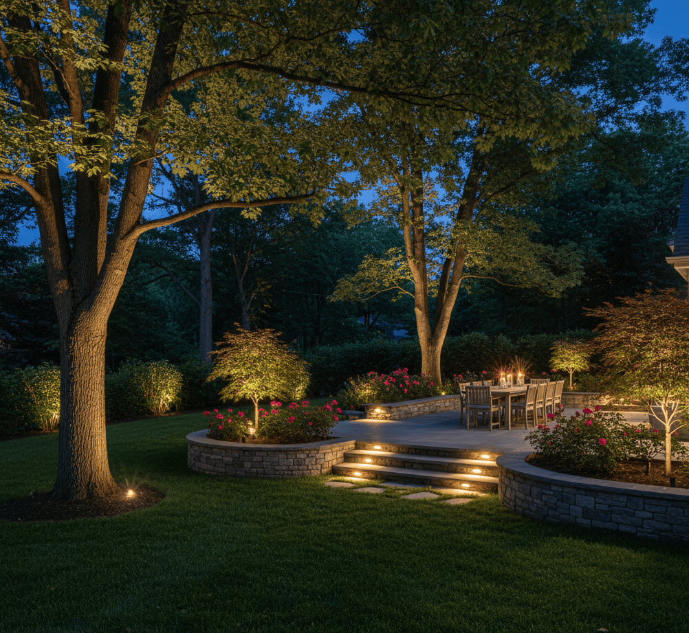 Moonlighting and garden accent lighting on a North Jersey home in Summit, Chatham, and Madison creating a warm, inviting outdoor atmosphere.