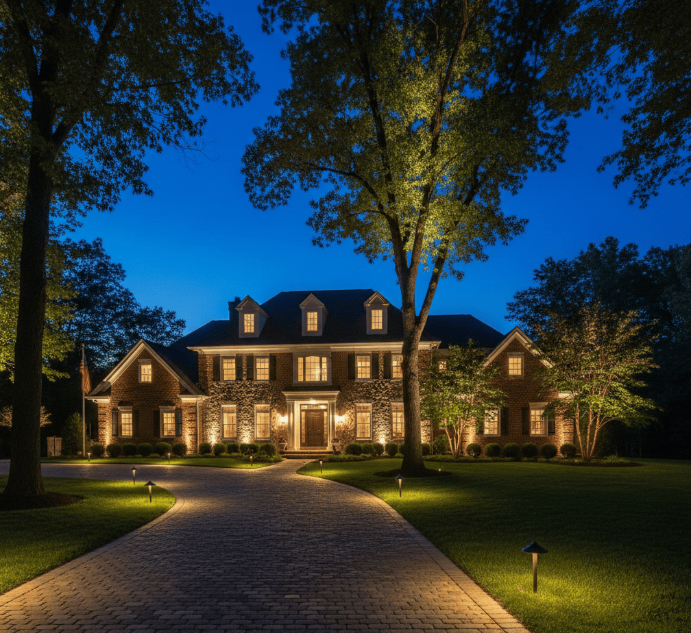 Architectural outdoor lighting highlighting a luxury North Jersey home in Livingston with uplighting, gable lighting, and elegant pathway illumination.