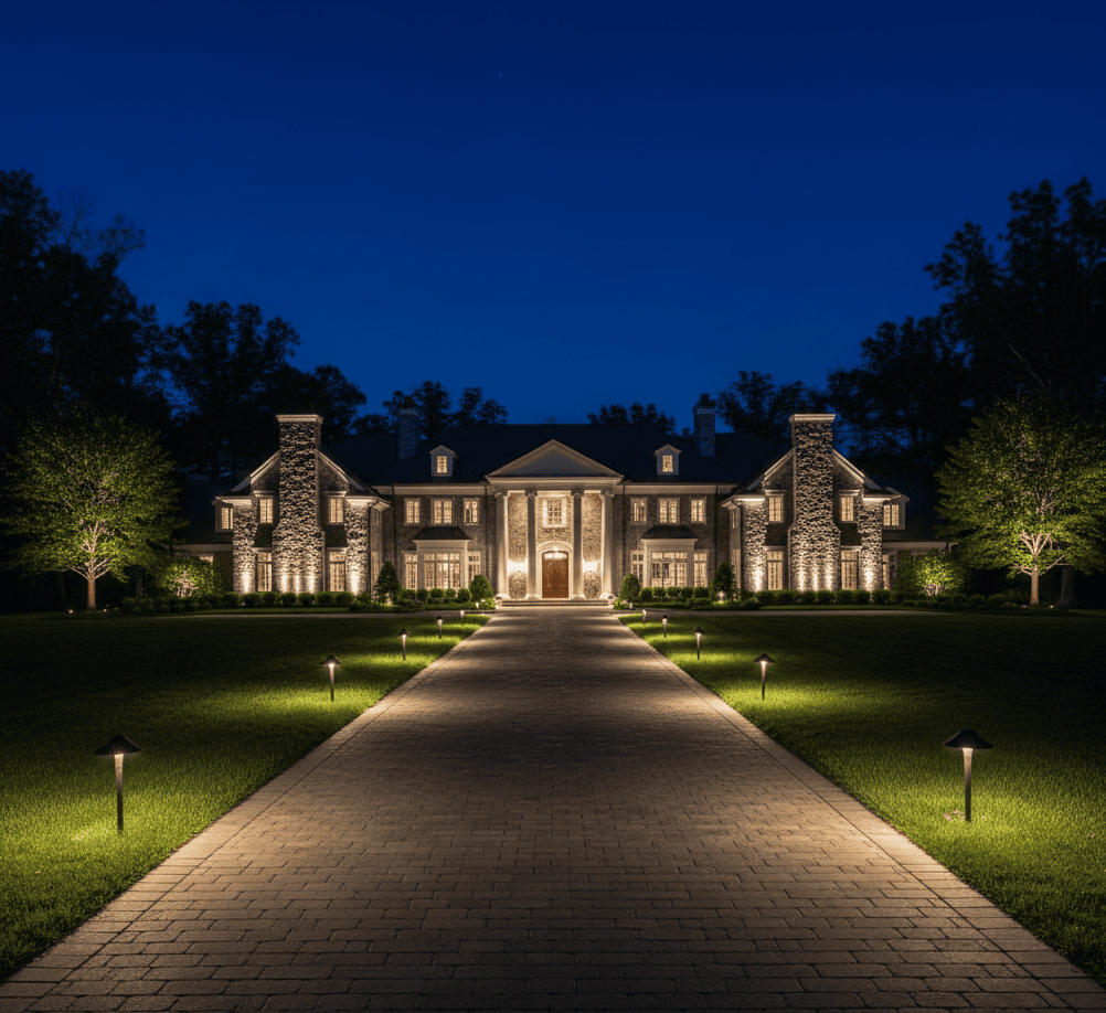 Custom estate lighting illuminating a luxury Upper Saddle River home with architectural uplighting and a professionally lit winding driveway.