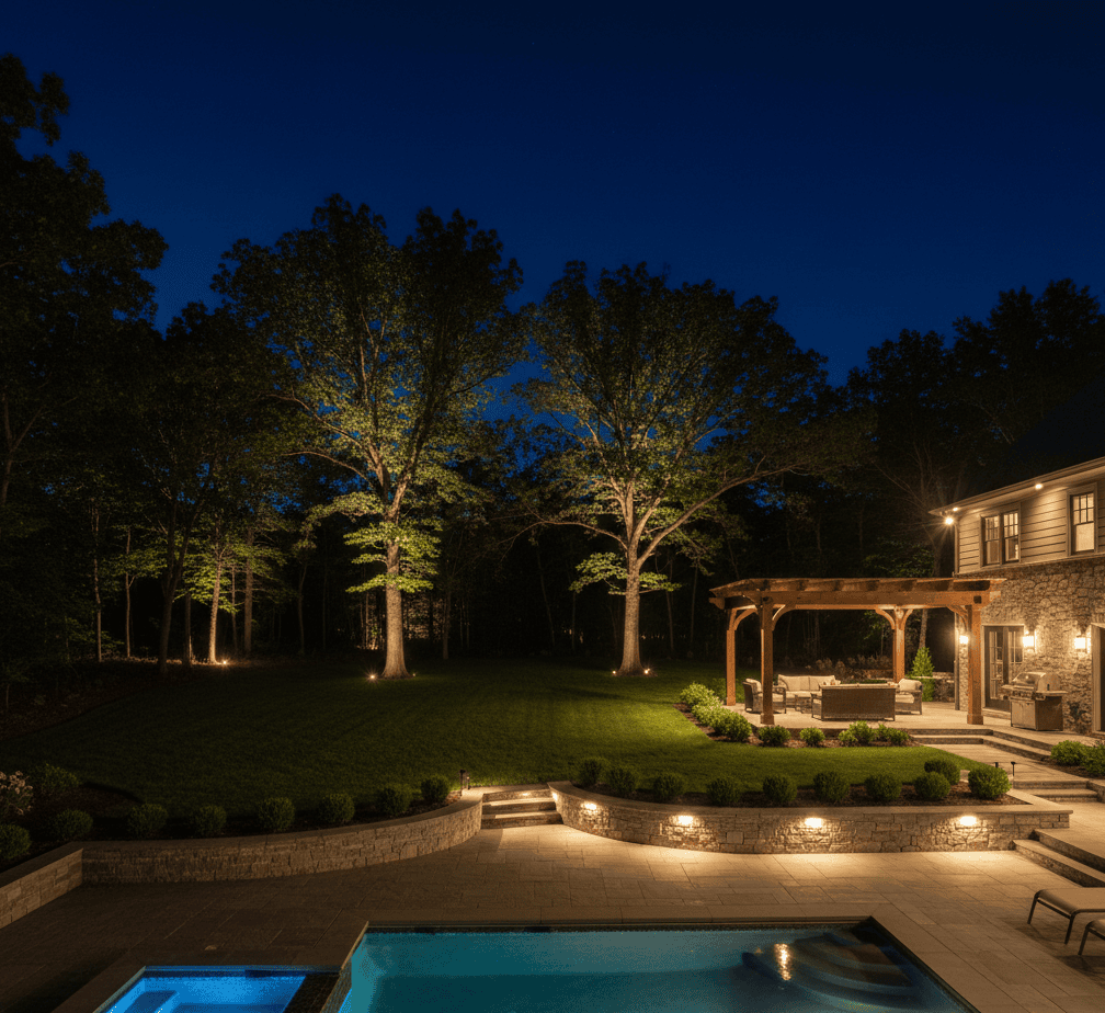 New Jersey custom estate lighting showcasing layered landscape illumination and a resort-style backyard at an Upper Saddle River estate.