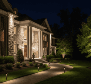 Architectural outdoor lighting on a New Jersey home showcasing professional design, warm LED illumination, and five-star curb appeal.